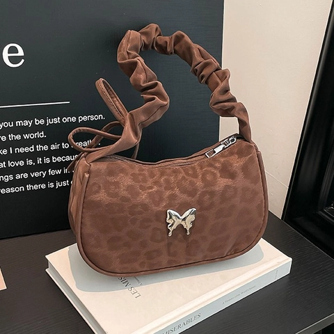 Sac Bandoulière Sous Les Aisselles Imprimé Léopard Simili Cuir Poignée Froncée Papillon Métal Rétro Mode Femme