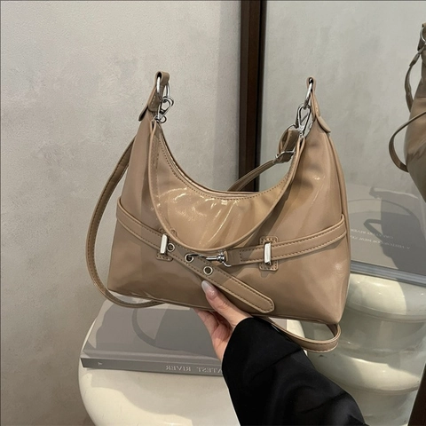 Women Glossy PU Leather Underarm Hobo Bag With Decorative Buckle Belt Fashion Elegant Shoulder Bag Solid Color