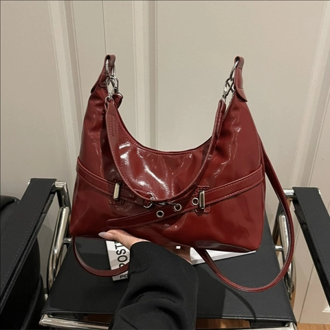 Women Glossy PU Leather Underarm Hobo Bag With Decorative Buckle Belt Fashion Elegant Shoulder Bag Solid Color
