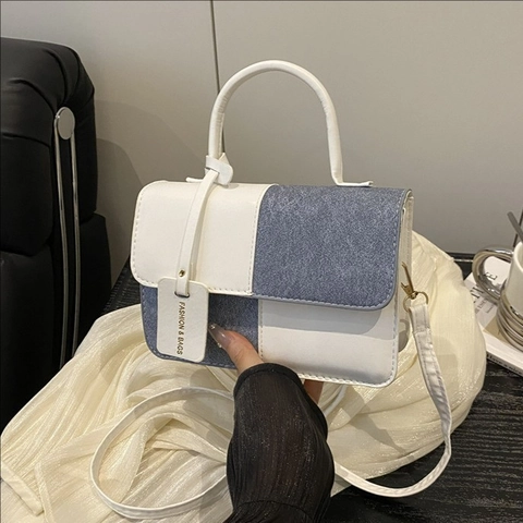 Women Crossbody Shoulder Bag Contrast Color PU Leather And Textile Patchwork Small Square Handbag With Top Handle
