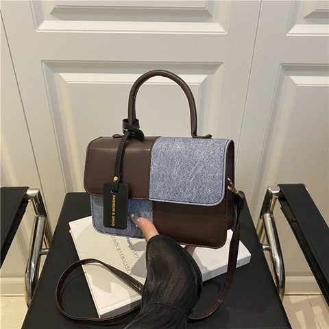 Women Crossbody Shoulder Bag Contrast Color PU Leather And Textile Patchwork Small Square Handbag With Top Handle