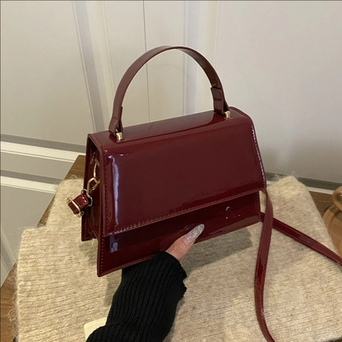 Glossy Patent Leather Handbag For Women Retro Square Crossbody Bag With Top Handle And Adjustable Shoulder Strap