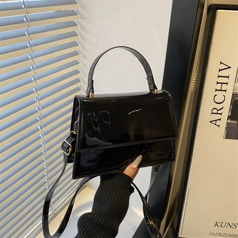Glossy Patent Leather Handbag For Women Retro Square Crossbody Bag With Top Handle And Adjustable Shoulder Strap