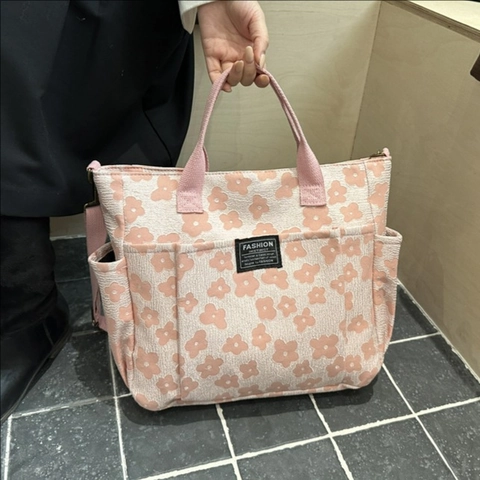Sac Fourre-Tout Imprimé Floral Toile Grande Capacité Multi Poches Sac À Épaule Pour Femmes Décontracté Sangle Réglable