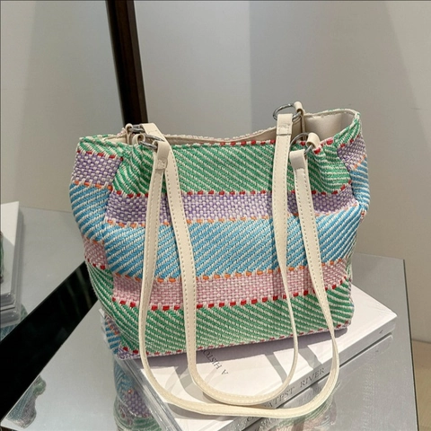 Colorful Striped Woven Tote Bag Contrast Color Cotton Linen Shoulder Handbag For Summer Beach Vacation Casual Style