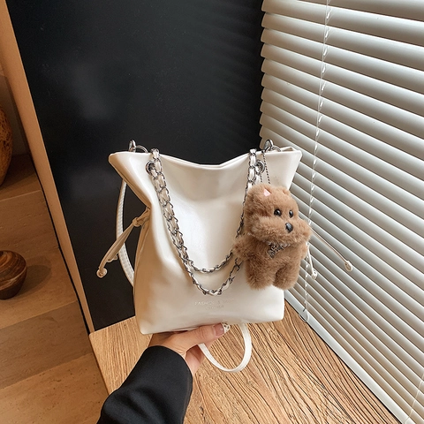 Women's Fashion PU Leather Bucket Bag Minimalist Solid Color With Metal Chain Shoulder Strap And Plush Bear Pendant For Daily Commuting