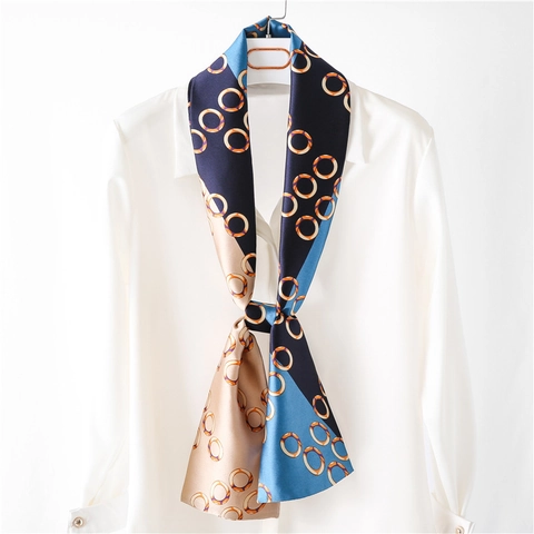 Women's Fashion Skinny Satin Scarf Geometric Ring Pattern Color Block Neck Tie For Suit Handbag Hair Elegant Accessory