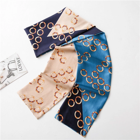 Women's Fashion Skinny Satin Scarf Geometric Ring Pattern Color Block Neck Tie For Suit Handbag Hair Elegant Accessory