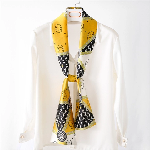 Sciarpa Di Raso Lunga Stretta Donna Foulard Raso Sottile Stampa Geometrica Pied De Poule Nastro Versatile Retrò Elegante Accessorio