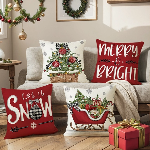 Housses De Coussin De Noël Polyester Taies De Oreiller Décoratives Pour Canapé Chambre Décoration De Maison Festive Motifs Imprimés
