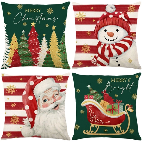 Kerst Kussenslopen Polyester Linnen Textuur Kerstman Sneeuwpop Print Bank Decoratieve Kussenhoes Feestelijke Vakantie Woondecoratie