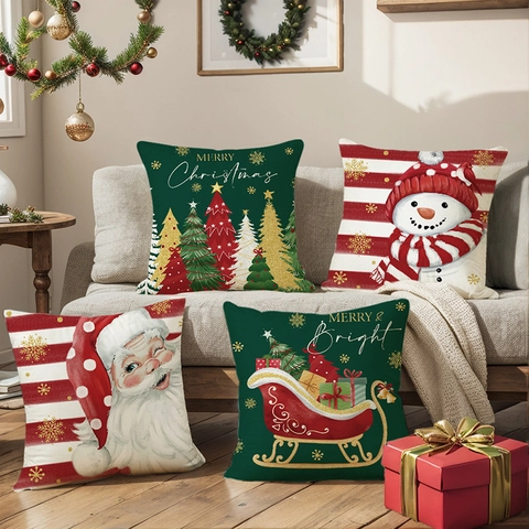 Kerst Kussenslopen Polyester Linnen Textuur Kerstman Sneeuwpop Print Bank Decoratieve Kussenhoes Feestelijke Vakantie Woondecoratie