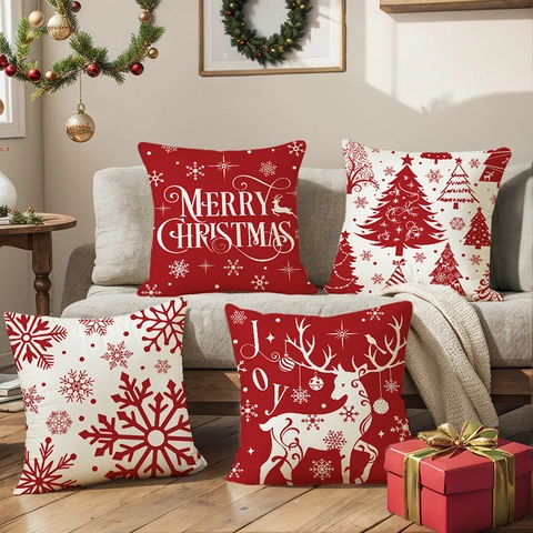 Nordic Style Christmas Decorative Pillow Cover Polyester Red White Snowflake Reindeer Tree Print Sofa Cushion Case Home Decor