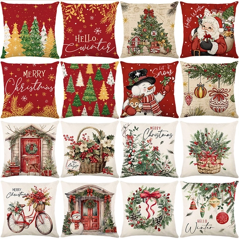 Fundas de Cojín de Navidad de Poliéster Decorativas Fundas de Almohada para Sofá Hogar Decoración de Invierno Papá Noel Muñeco de Nieve