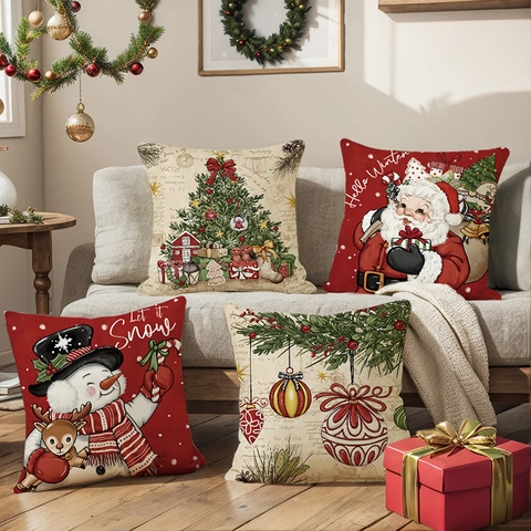 Fundas de Cojín de Navidad de Poliéster Decorativas Fundas de Almohada para Sofá Hogar Decoración de Invierno Papá Noel Muñeco de Nieve