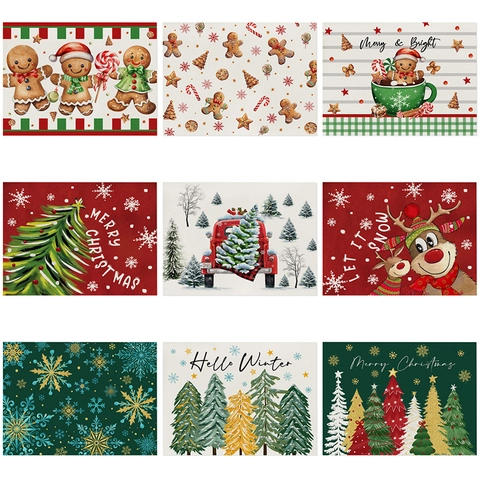 Christmas Table Placemats Cotton Linen Waterproof Heat Resistant Table Mat Festive Dining Decor Gingerbread Man Reindeer Print