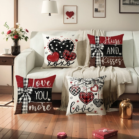 Valentijnsdag Kussenslopen Polyester Linnen Hart Ruit Patronen Decoratieve Kussenhoezen Voor Bank Woonkamer