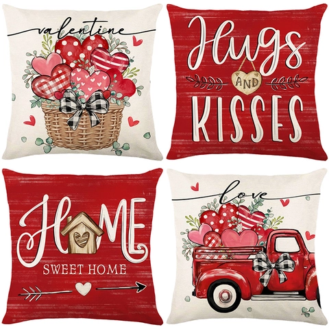 Valentijnsdag Decoratieve Kussenslopen Hart Print Rode Vrachtwagen Hugs And Kisses Home Sweet Home Polyester Kussenhoezen Voor Bank
