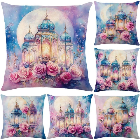 Funda De Cojín Decorativa Ramadán Luna Linterna Rosa Acuarela Poliéster Para Sofá Cama Salón Decoración
