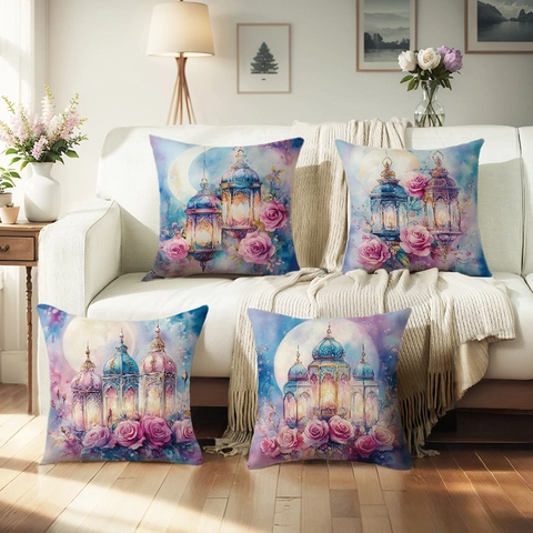 Funda De Cojín Decorativa Ramadán Luna Linterna Rosa Acuarela Poliéster Para Sofá Cama Salón Decoración