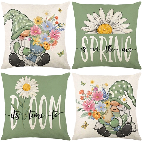Spring Gnome Cushion Covers Flower Daisy Printed Decorative Pillowcases For Sofa Living Room Farmhouse Home Decor