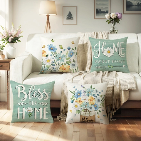 Funda De Cojín Flores De Margarita Home Sweet Home Decorativa Para Sofá Sala De Estar Mezcla De Poliéster Y Lino