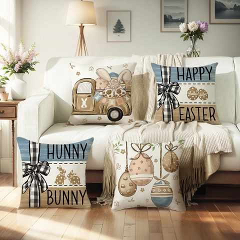 Osterhase LKW Druck Kissenbezug Dekorativ Leinenoptik Kissenhülle Für Sofa Wohnzimmer Feiertag Haus Dekoration