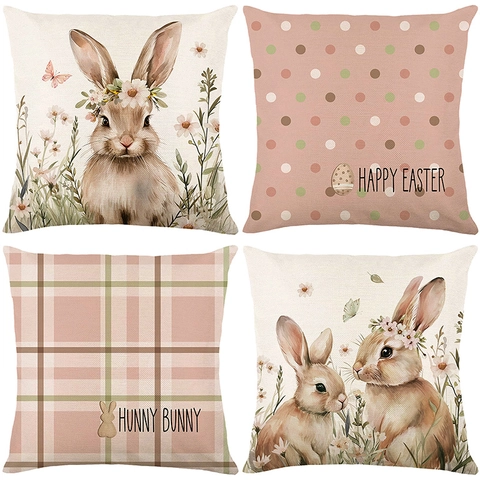Easter Rabbit Print Throw Pillow Case Decorative Polyester Cushion Cover For Sofa Living Room Home Festive Bunny Decor