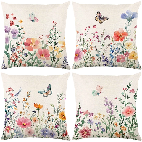 Dekorative Kissenbezüge Blumen Schmetterling Druck Aquarell Stil Polyester Kissenhülle Für Sofa Wohnzimmer Heimdeko