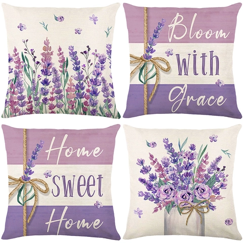 Housse de Coussin Nordique Imprimé Floral Lavande Polyester Aquarelle Fleur Taie d'Oreiller Décorative Pour Salon Canapé Décoration de Maison