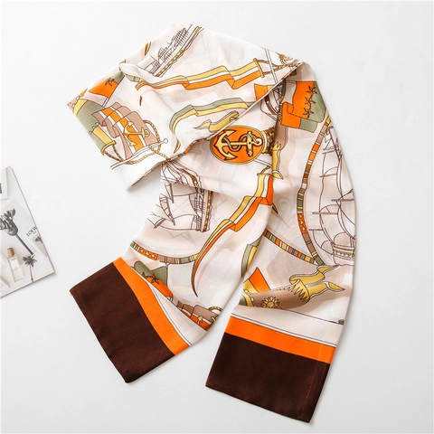 French Vintage Nautical Anchor Sailing Boat Print Satin Skinny Scarf Elegant Twilly For Women Versatile Hair Handbag Neck Decor