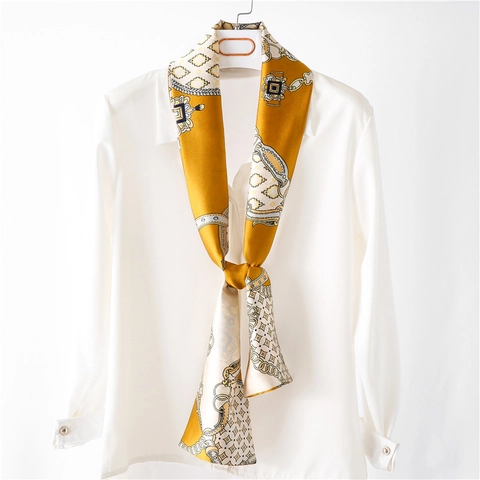 Écharpe Étroite en Satin à Imprimé Chaîne Vintage pour Femmes Foulard Ruban à Franges Style Soie Accessoire de Cheveux Professionnel