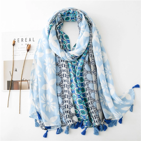 Bufanda Chal Con Estampado Bohemio Para Mujer Mezcla Algodon Poliester Floral Geometrico Etnico Flecos Elegante