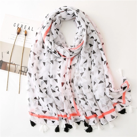 Sciarpa Scialle Da Donna In Voile Di Cotone Stampa Geometrica Triangolo Nappine Leggero Traspirante Protezione Solare Stile Retro Boho