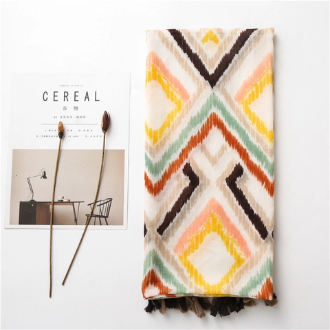 Μαντήλι Boho Ethnic Στυλ Μακρύ Σάλι Αίσθηση Βαμβακερό Λινό Γεωμετρικό Σχέδιο Φούντες Αντηλιακό Για Γυναίκες