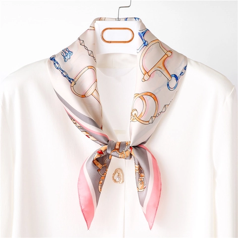 Retro Square Scarf Imitation Satin Neckerchief Horse Bit Chain Print Fashion Accessories Women
