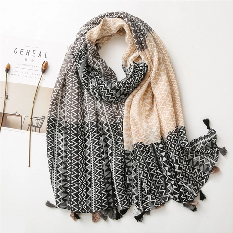 Bohemian Damen Schal Mit Geometrischem Druck Leicht Baumwolle Polyester Sonnenschutz Tuch Mit Quasten Reise Strand Überwurf
