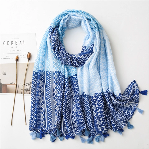 Bohemian Damen Schal Mit Geometrischem Druck Leicht Baumwolle Polyester Sonnenschutz Tuch Mit Quasten Reise Strand Überwurf