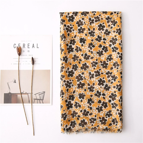Sciarpa Elegante Stampa Floreale Donna Giallo Zenzero Filato Di Bali Solare Nappa Sottile Spiaggia Copricostume Vintage Boho