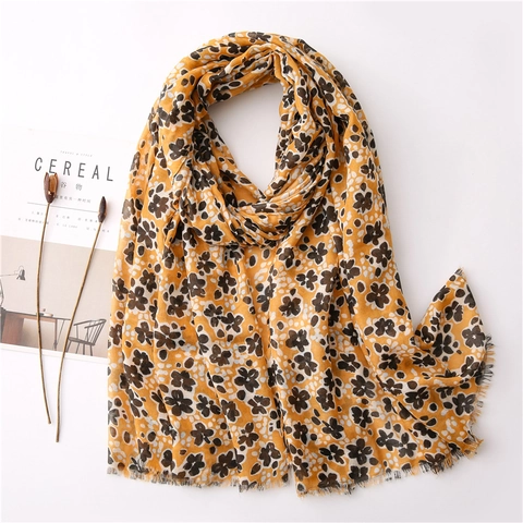 Sciarpa Elegante Stampa Floreale Donna Giallo Zenzero Filato Di Bali Solare Nappa Sottile Spiaggia Copricostume Vintage Boho