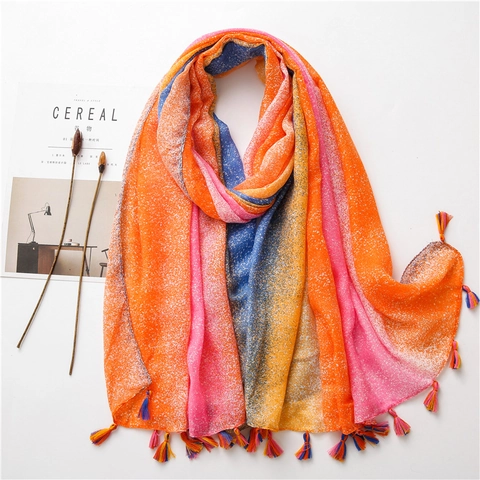 Women Gradient Color Starry Pattern Scarf Shawl Lightweight Cotton Feel Sunscreen Wrap With Tassels