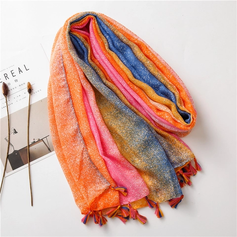 Women Gradient Color Starry Pattern Scarf Shawl Lightweight Cotton Feel Sunscreen Wrap With Tassels