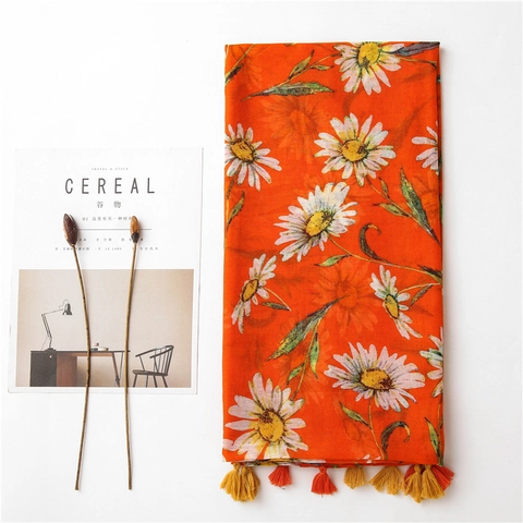 Daisy Floral Print Scarf Shawl Lightweight Polyester Voile Cotton Linen Feel Tassel Fringe Wrap For Women Retro Style