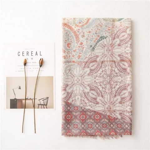 Sciarpa Scialle Bohemien Etnico Paisley Donna Leggero Tatto Cotone Lino Con Nappe Stampa Oro Protezione Solare
