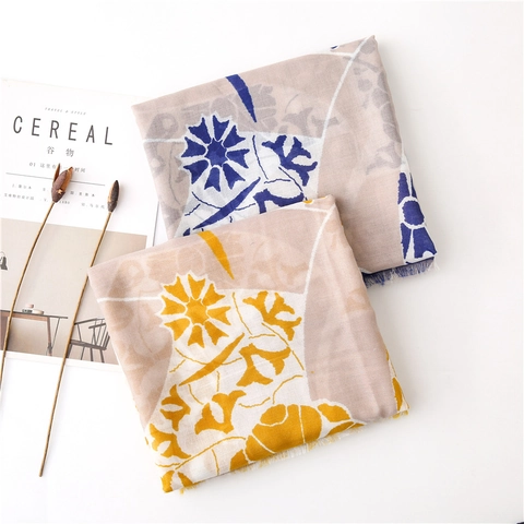 Sciarpa Scialle Con Stampa Floreale Stile Etnico Retro Donna Leggero Traspirante Sensazione Cotone Lino Avvolgimento Lunga Bordi Grezzi
