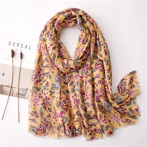 Blumendruck Schal Damen Ingwergelb Polyester Baumwolle Leinen Gefühl Weich Leicht Groß Lang Wickel Vintage Stil