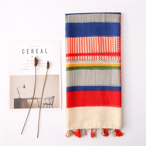 Sciarpa Scialle Donna Retro Stampa Righe Geometriche Lungo Sottile Nappina Protezione Solare Spiaggia Leggero Traspirante