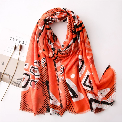 Sciarpa Con Stampa Geometrica Da Donna Scialle Leggero In Poliestere Motivo Arancione Nero Bianco Involucro Decorativo Con Frange
