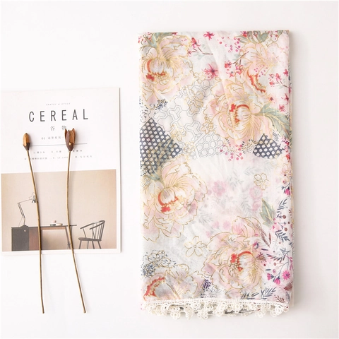 Damen Schal Mit Blumenmuster Und Spitze Leichtes Sonnenschutz-Tuch Mit Goldfolie Weicher Wickelschal