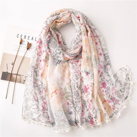 Damen Schal Mit Blumenmuster Und Spitze Leichtes Sonnenschutz-Tuch Mit Goldfolie Weicher Wickelschal